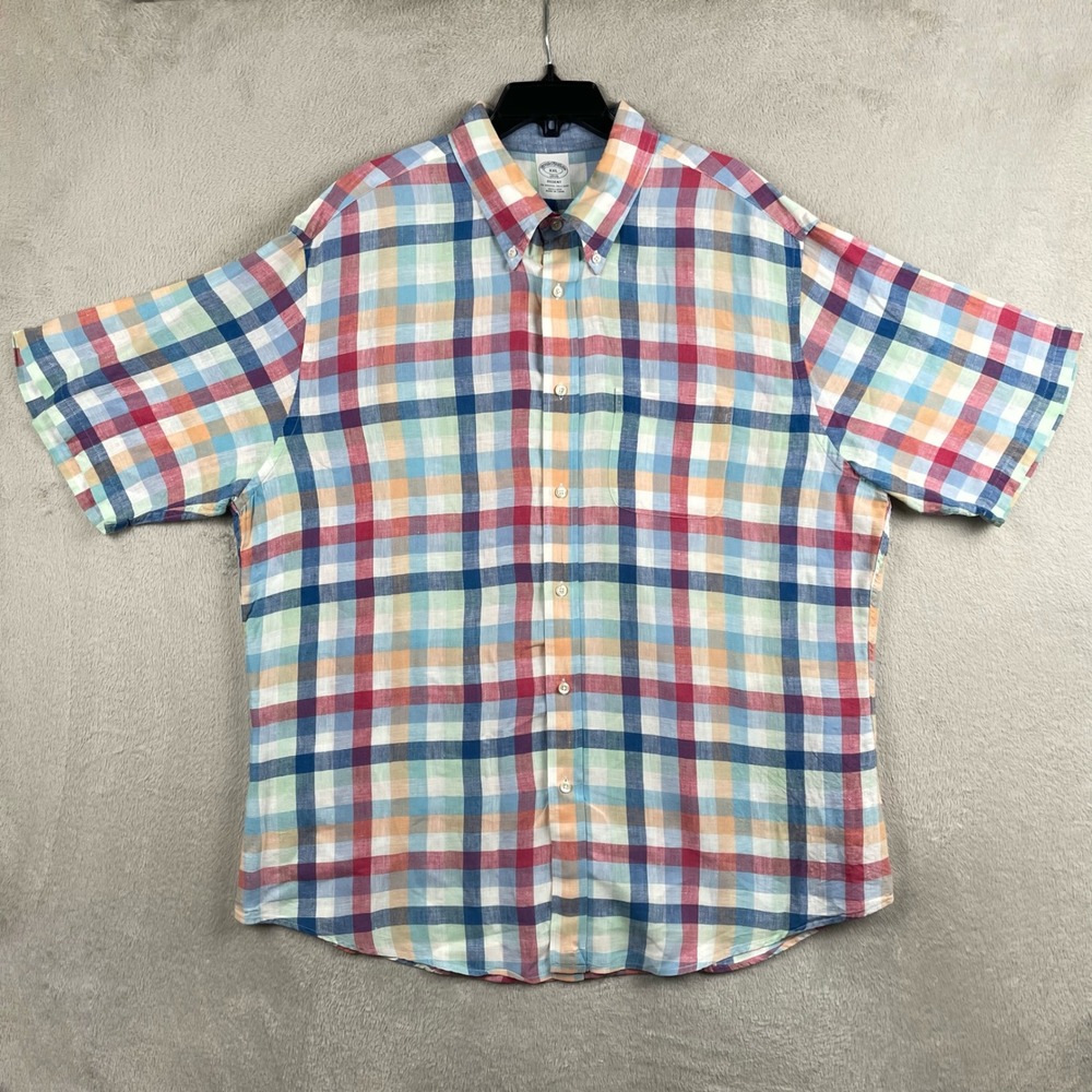 Brooks Brothers Shirt Men 2XL Multicolor Plaid 100% Linen Short Sleeve Button Up - Picture 2 of 6